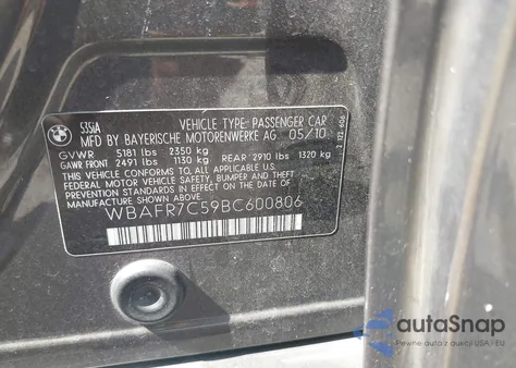 2011 BMW 535I z USA, uszkodzony, nr VIN WBAFR7C59BC600806